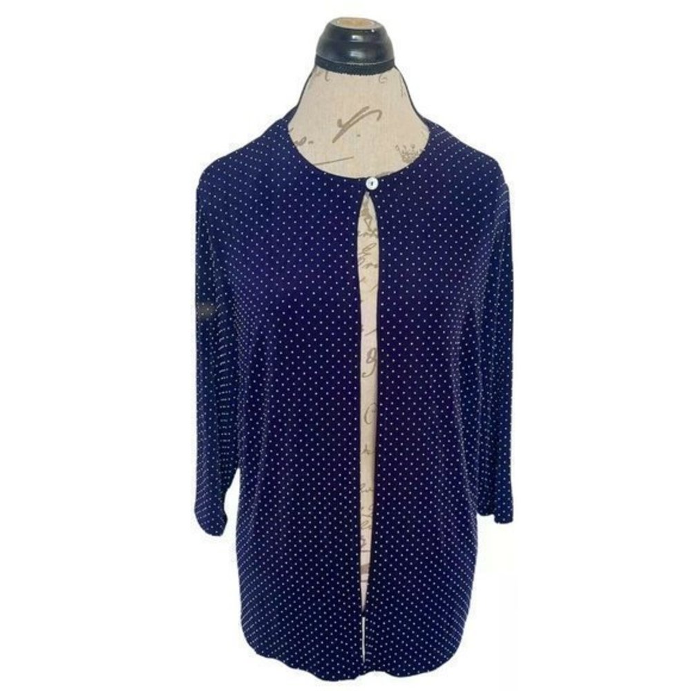 Drapers & Damon Cover up Blouse Top One Button Size 1X Plus Polka Dots Blue